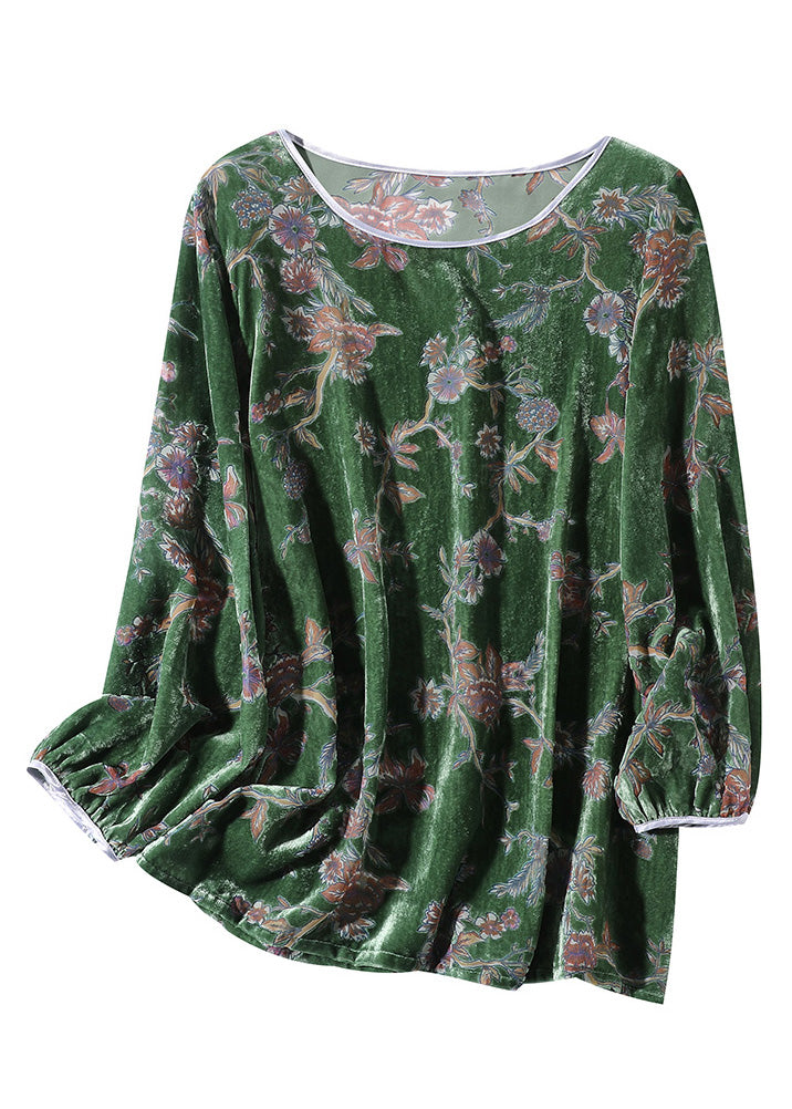 Fashion Green O-Neck Print Velour Top Spring LY0125 - fabuloryshop