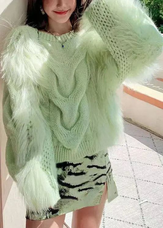Fashion Green O Neck Raccoon Fur Patchwork Knit Pullover Lantern Sleeve Ada Fashion