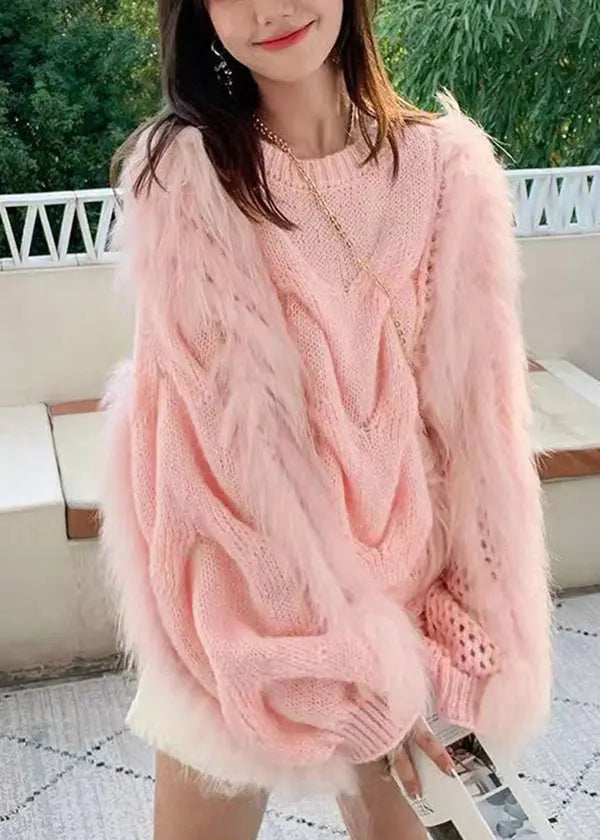 Fashion Green O Neck Raccoon Fur Patchwork Knit Pullover Lantern Sleeve Ada Fashion