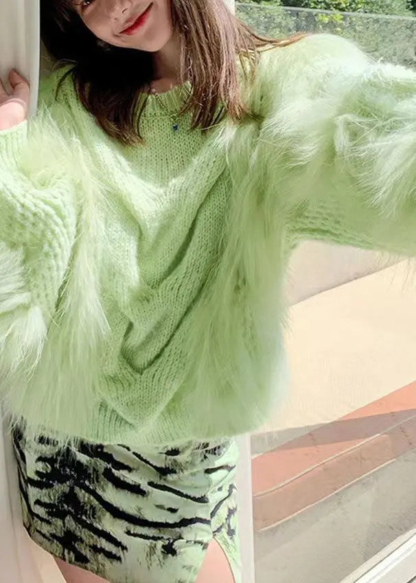 Fashion Green O Neck Raccoon Fur Patchwork Knit Pullover Lantern Sleeve Ada Fashion