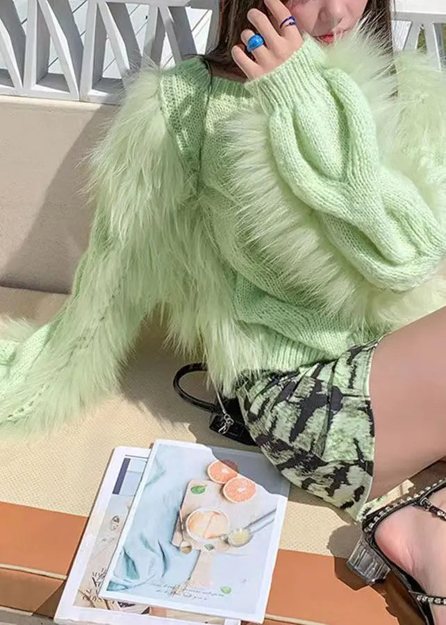 Fashion Green O Neck Raccoon Fur Patchwork Knit Pullover Lantern Sleeve Ada Fashion