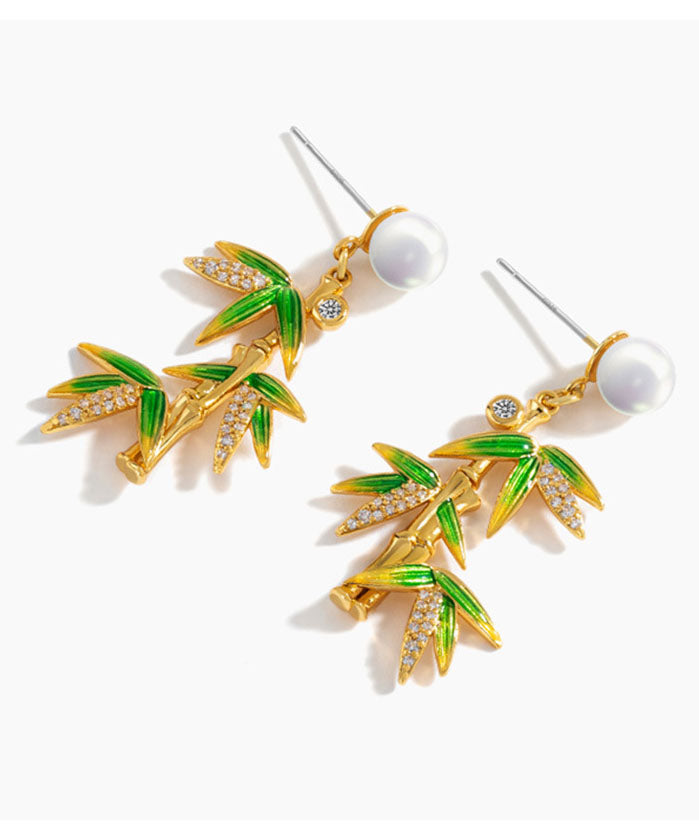 Fashion Green Overgild Zircon Pearl Bamboo Drop Earrings TW1016