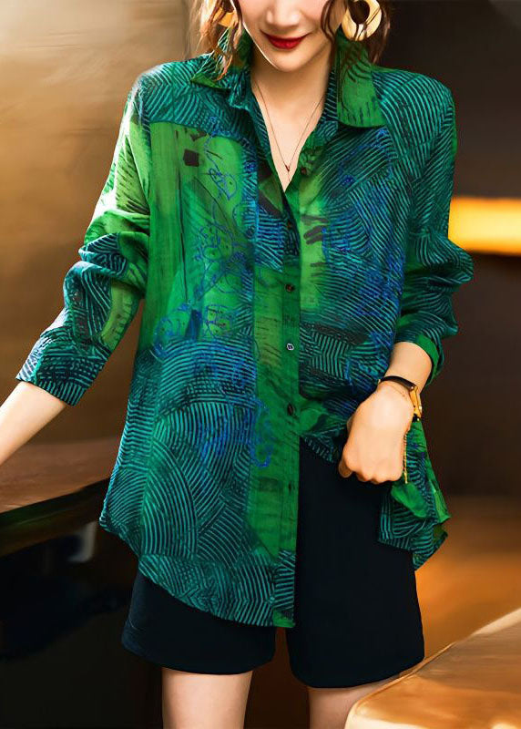 Fashion Green Peter Pan Collar Print Patchwork Cotton Shirts Long Sleeve LY3818 - fabuloryshop