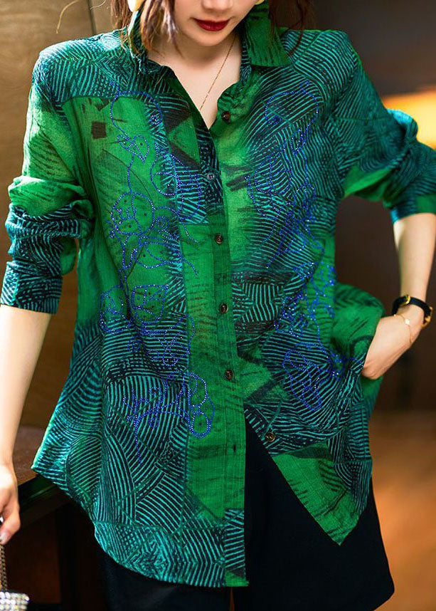 Fashion Green Peter Pan Collar Print Patchwork Cotton Shirts Long Sleeve LY3818 - fabuloryshop