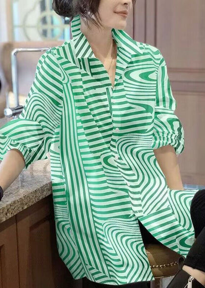 Fashion Green Peter Pan Collar Striped Chiffon Shirts Top Spring LY4572 - fabuloryshop