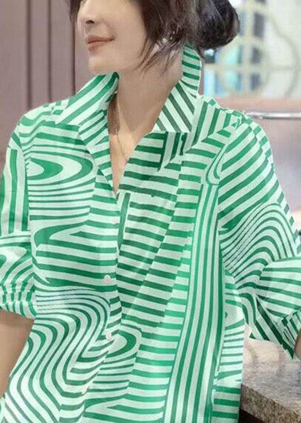 Fashion Green Peter Pan Collar Striped Chiffon Shirts Top Spring LY4572 - fabuloryshop