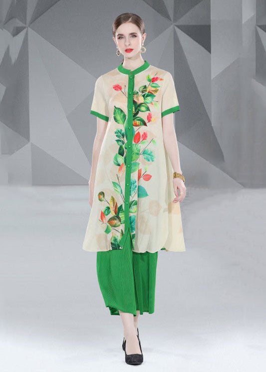 Fashion Green Print Button Loose Chiffon 2 Piece Outfit Summer LY7382 - fabuloryshop