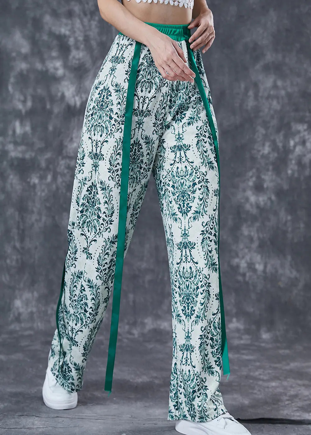 Fashion Green Print Ribbon Cotton Straight Pants Fall Ada Fashion