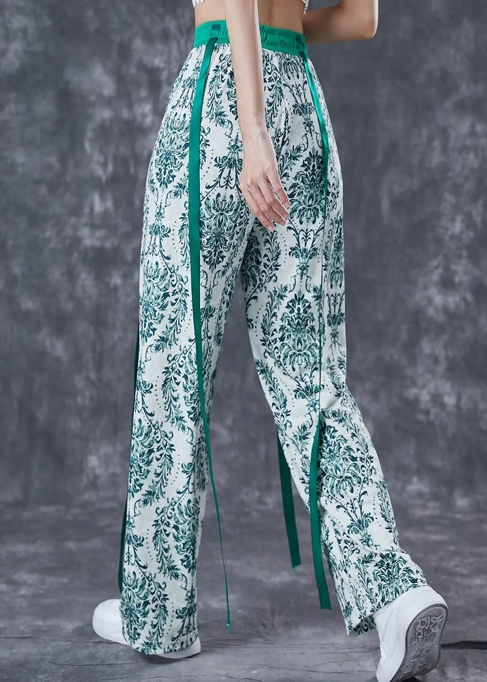 Fashion Green Print Ribbon Cotton Straight Pants Fall Ada Fashion