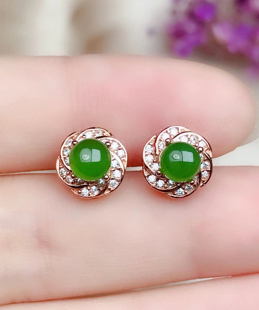 Fashion Green Silver Overgild Zircon Jade Stud Earrings Ada Fashion