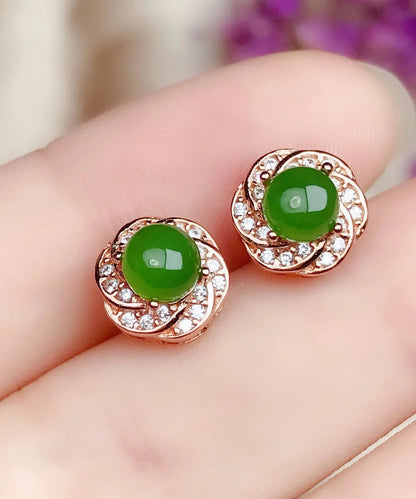 Fashion Green Silver Overgild Zircon Jade Stud Earrings Ada Fashion