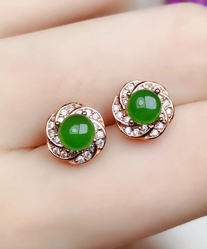 Fashion Green Silver Overgild Zircon Jade Stud Earrings Ada Fashion