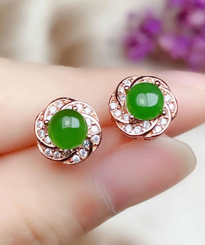 Fashion Green Silver Overgild Zircon Jade Stud Earrings Ada Fashion