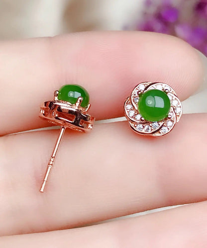 Fashion Green Silver Overgild Zircon Jade Stud Earrings Ada Fashion