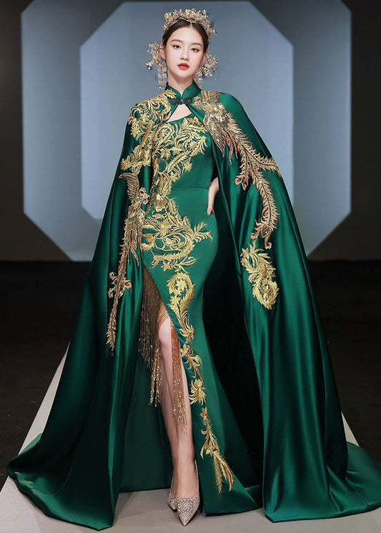 Fashion Green Stand Collar Embroideried Long Cloak And Dress Silk Two Pieces Set Long Sleeve Ada Fashion