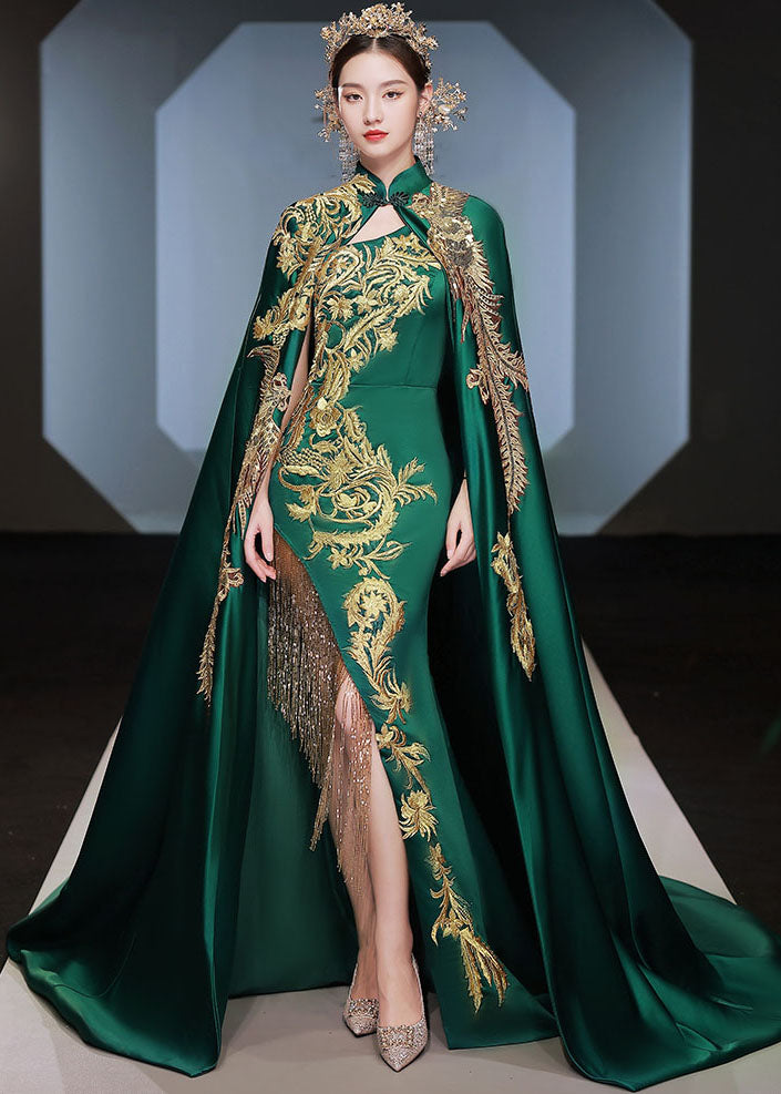 Fashion Green Stand Collar Embroideried Long Cloak And Dress Silk Two Pieces Set Long Sleeve Ada Fashion