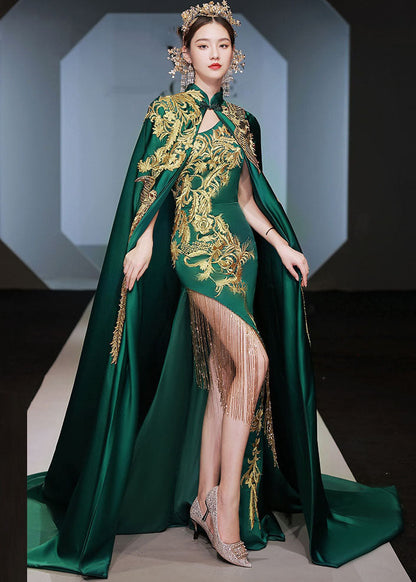 Fashion Green Stand Collar Embroideried Long Cloak And Dress Silk Two Pieces Set Long Sleeve Ada Fashion