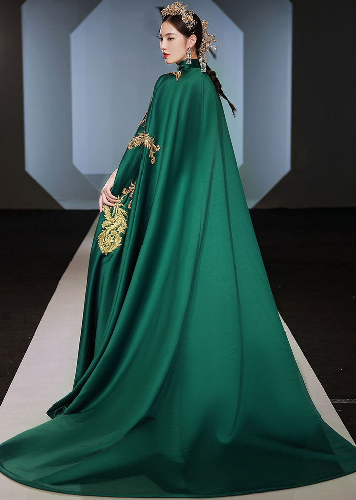 Fashion Green Stand Collar Embroideried Long Cloak And Dress Silk Two Pieces Set Long Sleeve Ada Fashion