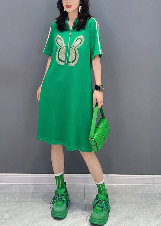 Fashion Green Stand Collar Mid Dress Summer LY6017 - fabuloryshop