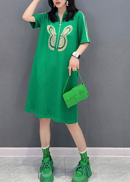 Fashion Green Stand Collar Mid Dress Summer LY6017 - fabuloryshop