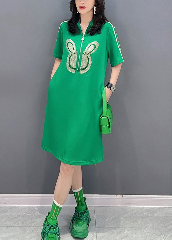 Fashion Green Stand Collar Mid Dress Summer LY6017 - fabuloryshop