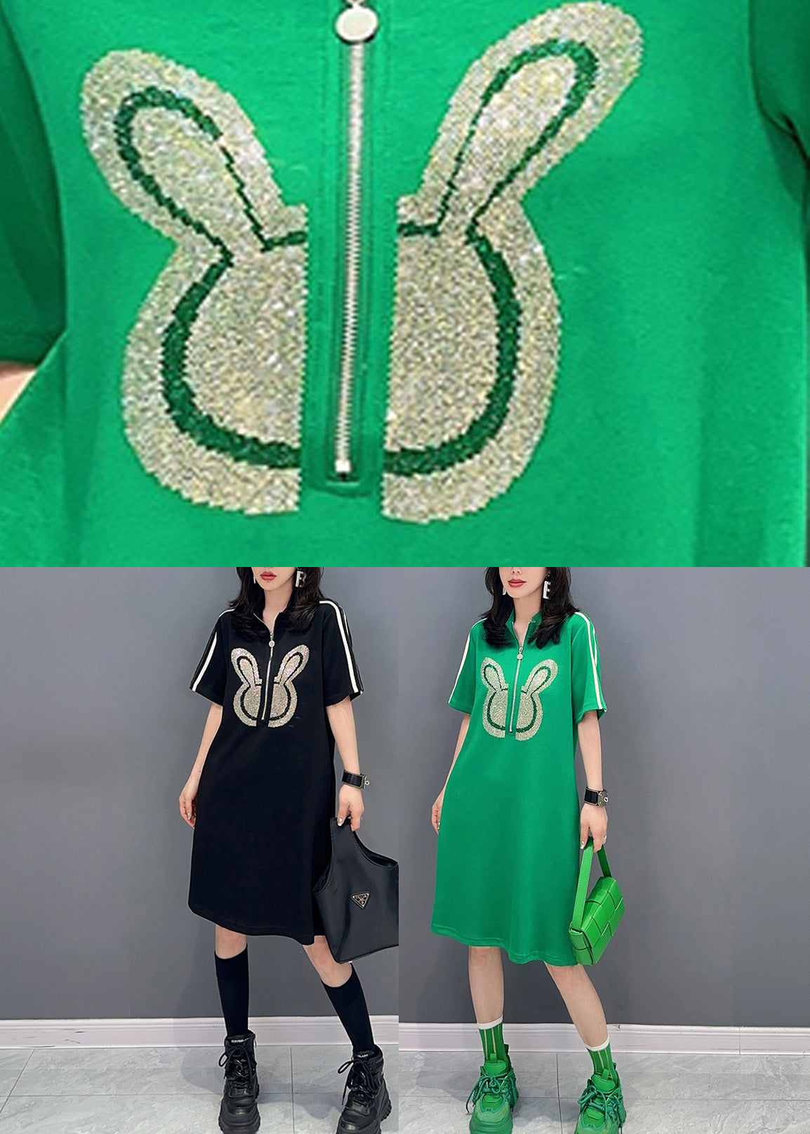 Fashion Green Stand Collar Mid Dress Summer LY6017 - fabuloryshop