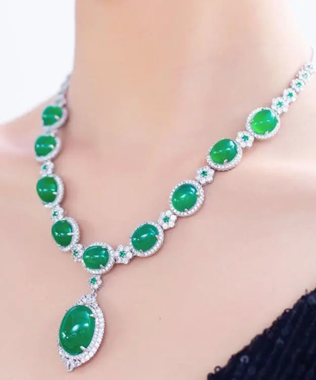 Fashion Green Sterling Silver Inlaid Zircon Chalcedony Pendant Necklace Ada Fashion