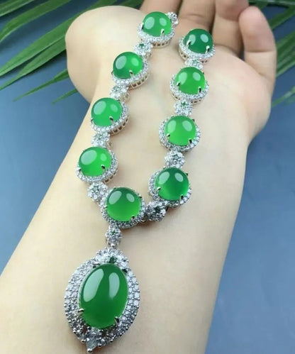 Fashion Green Sterling Silver Inlaid Zircon Chalcedony Pendant Necklace Ada Fashion