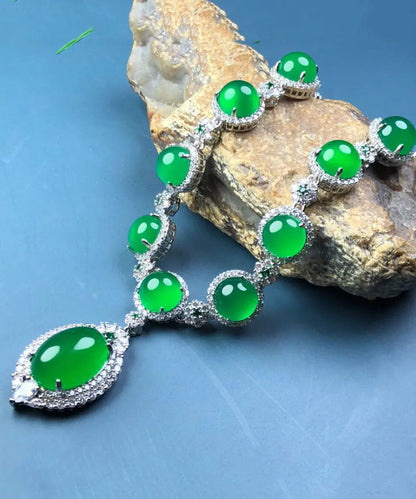 Fashion Green Sterling Silver Inlaid Zircon Chalcedony Pendant Necklace Ada Fashion