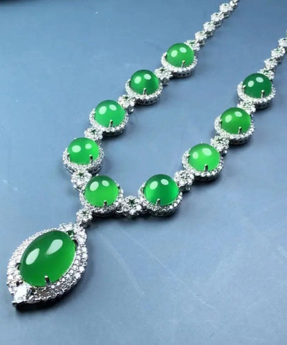 Fashion Green Sterling Silver Inlaid Zircon Chalcedony Pendant Necklace Ada Fashion