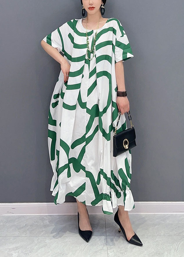 Fashion Green Striped Oversized Wrinkled Cotton Maxi Dresses Summer LY0548