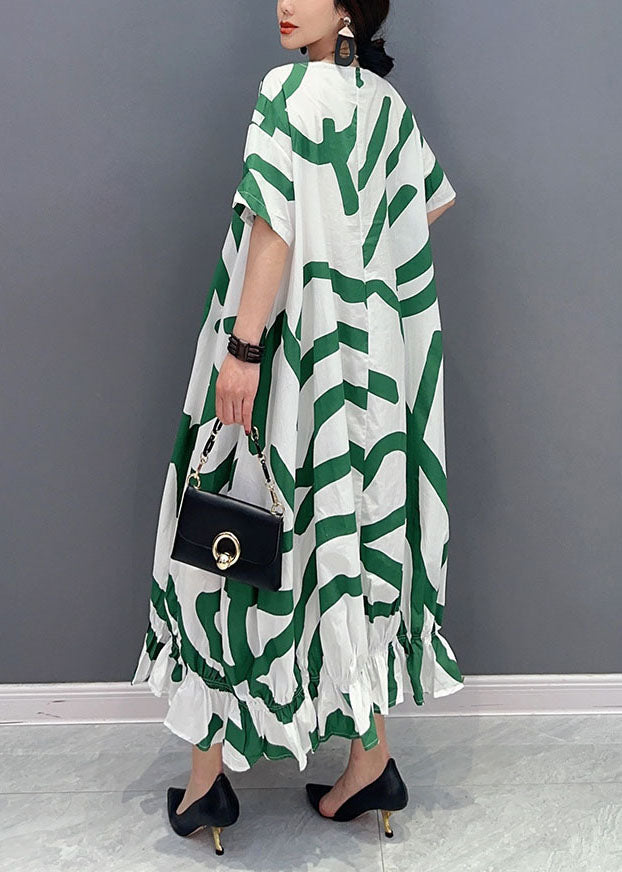 Fashion Green Striped Oversized Wrinkled Cotton Maxi Dresses Summer LY0548