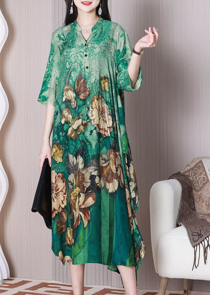 Fashion Green V Neck Oversized Print Silk A Line Dress Half Sleeve LY3770 - fabuloryshop