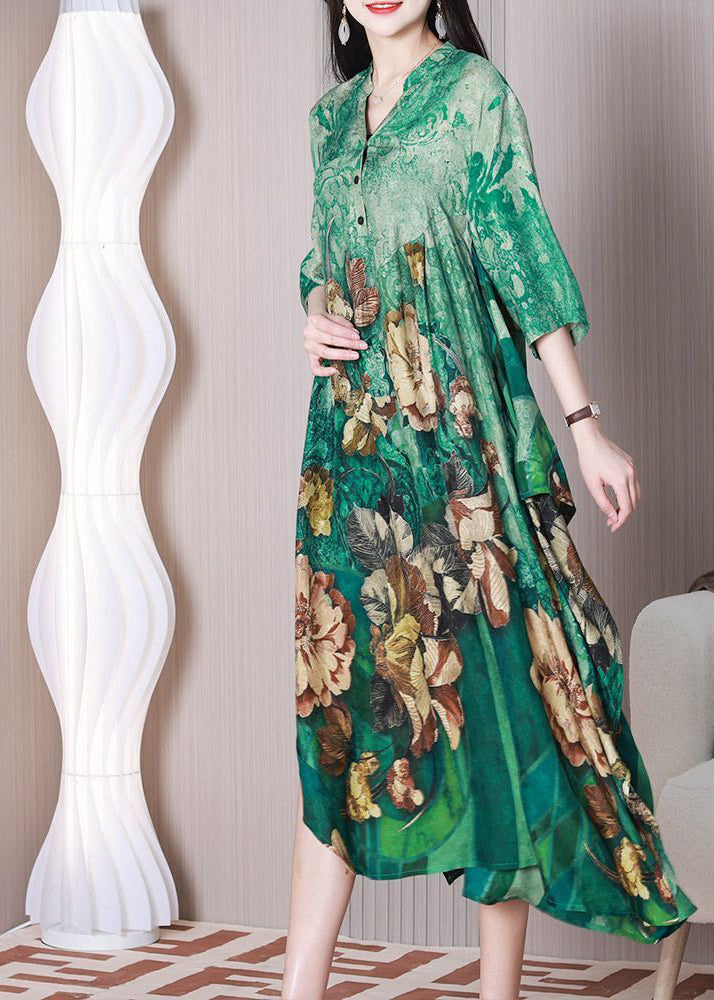 Fashion Green V Neck Oversized Print Silk A Line Dress Half Sleeve LY3770 - fabuloryshop