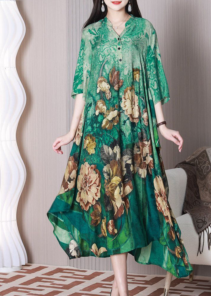 Fashion Green V Neck Oversized Print Silk A Line Dress Half Sleeve LY3770 - fabuloryshop