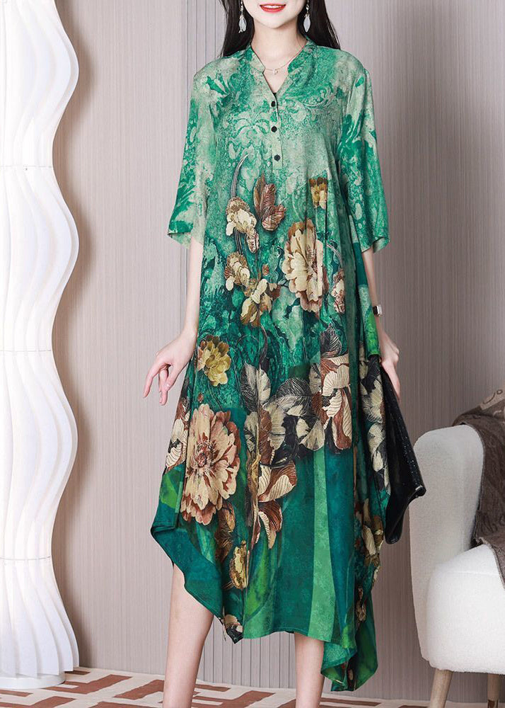 Fashion Green V Neck Oversized Print Silk A Line Dress Half Sleeve LY3770 - fabuloryshop