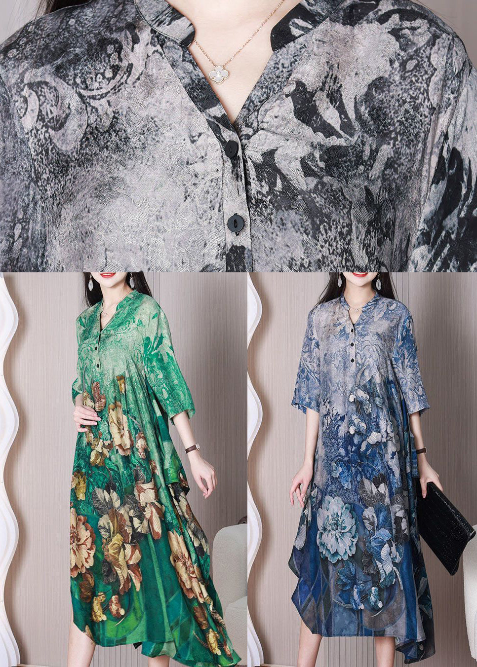 Fashion Green V Neck Oversized Print Silk A Line Dress Half Sleeve LY3770 - fabuloryshop