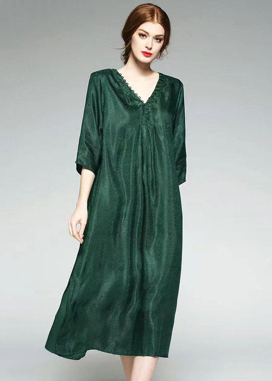 Fashion Green V Neck Wrinkled Jacquard Patchwork Silk Dress Summer TF1014 - fabuloryshop