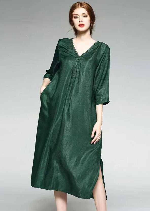 Fashion Green V Neck Wrinkled Jacquard Patchwork Silk Dress Summer TF1014 - fabuloryshop