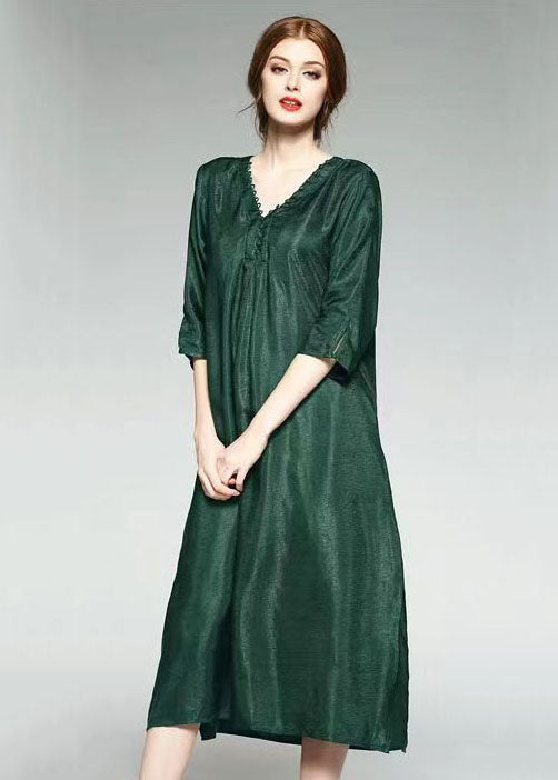 Fashion Green V Neck Wrinkled Jacquard Patchwork Silk Dress Summer TF1014 - fabuloryshop