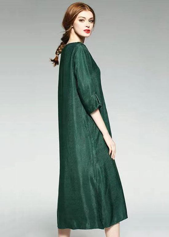 Fashion Green V Neck Wrinkled Jacquard Patchwork Silk Dress Summer TF1014 - fabuloryshop