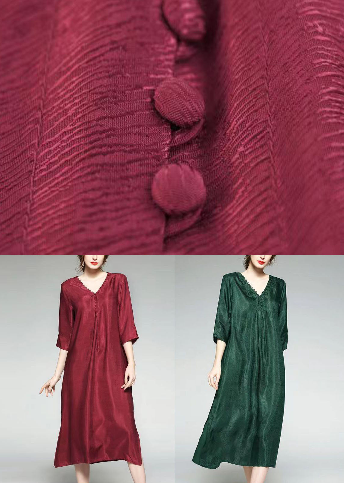 Fashion Green V Neck Wrinkled Jacquard Patchwork Silk Dress Summer TF1014 - fabuloryshop