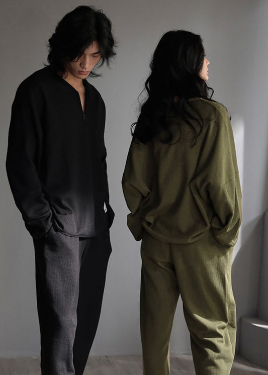 Fashion Green V Neck Zippered Solid Couple Pajamas Two Piece Set Spring LY2827 - fabuloryshop