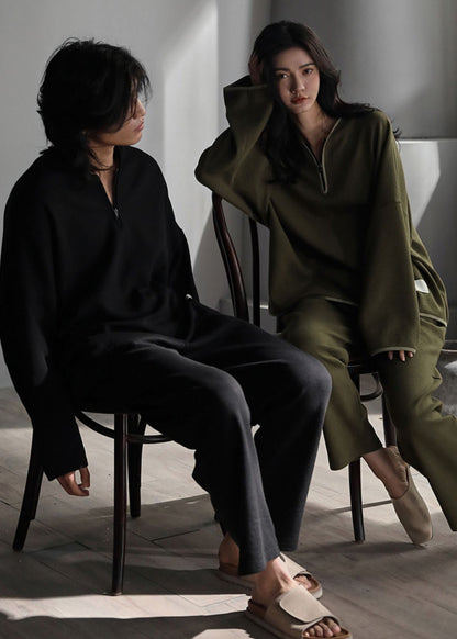 Fashion Green V Neck Zippered Solid Couple Pajamas Two Piece Set Spring LY2827 - fabuloryshop