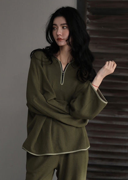 Fashion Green V Neck Zippered Solid Couple Pajamas Two Piece Set Spring LY2827 - fabuloryshop