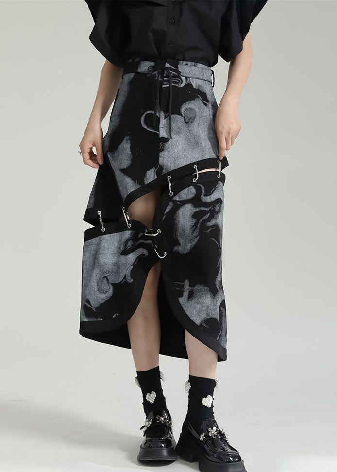 Fashion Grey Asymmetrical Print Pockets Patchwork Cotton Skirt Fall Ada Fashion