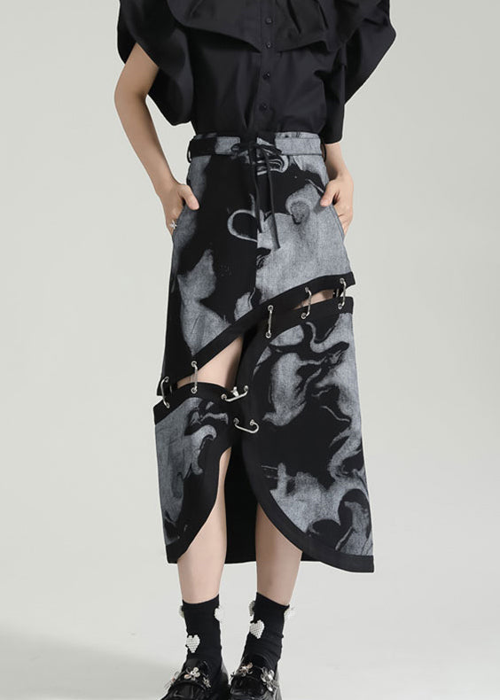 Fashion Grey Asymmetrical Print Pockets Patchwork Cotton Skirt Fall Ada Fashion