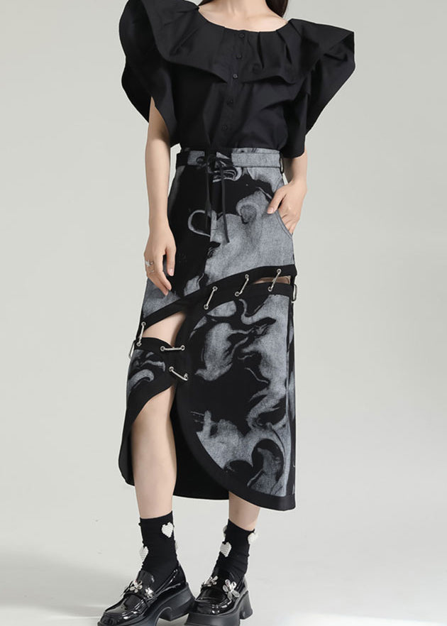 Fashion Grey Asymmetrical Print Pockets Patchwork Cotton Skirt Fall Ada Fashion