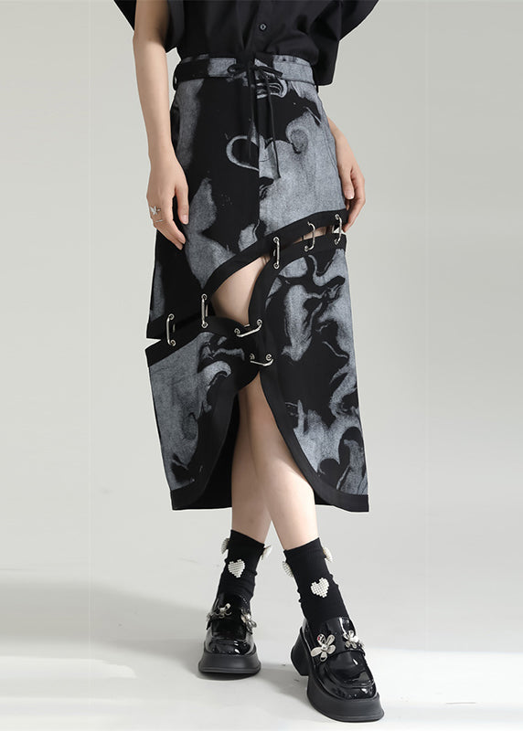 Fashion Grey Asymmetrical Print Pockets Patchwork Cotton Skirt Fall Ada Fashion