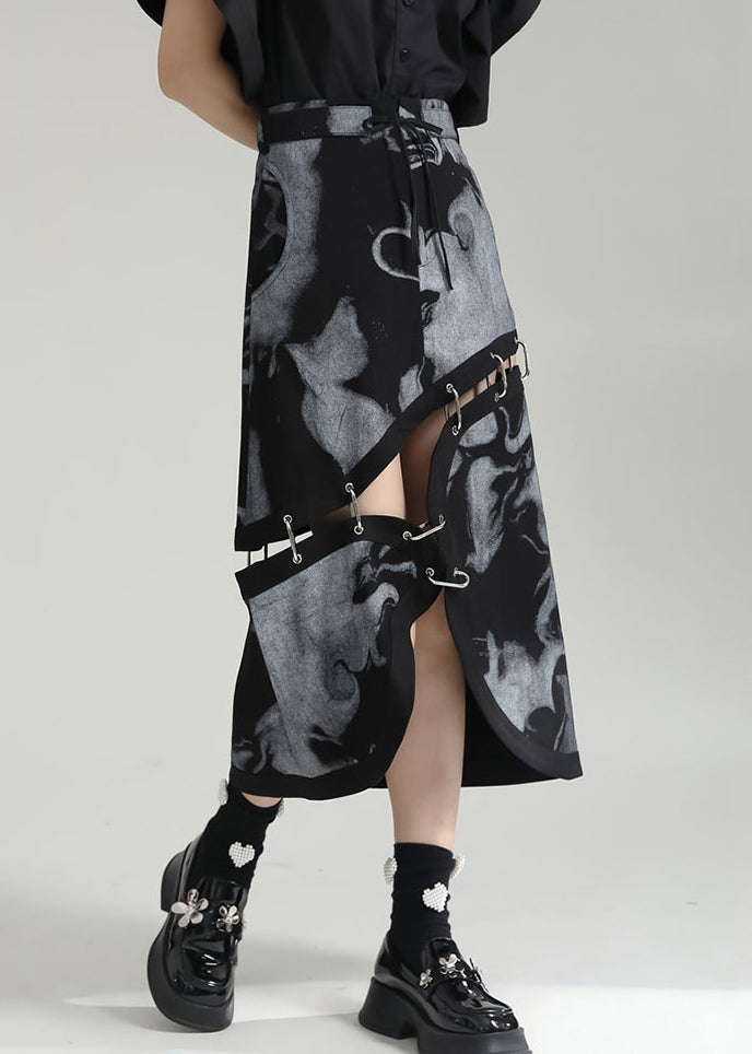 Fashion Grey Asymmetrical Print Pockets Patchwork Cotton Skirt Fall Ada Fashion